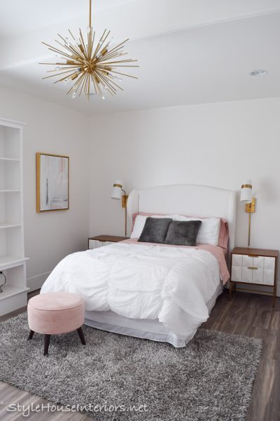White bedroom makeover bedside plug in sconces - One room challenge ...