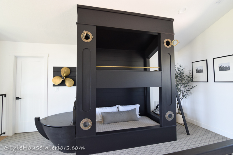 Lake House Black and Brass Bunk Beds with Shiplap